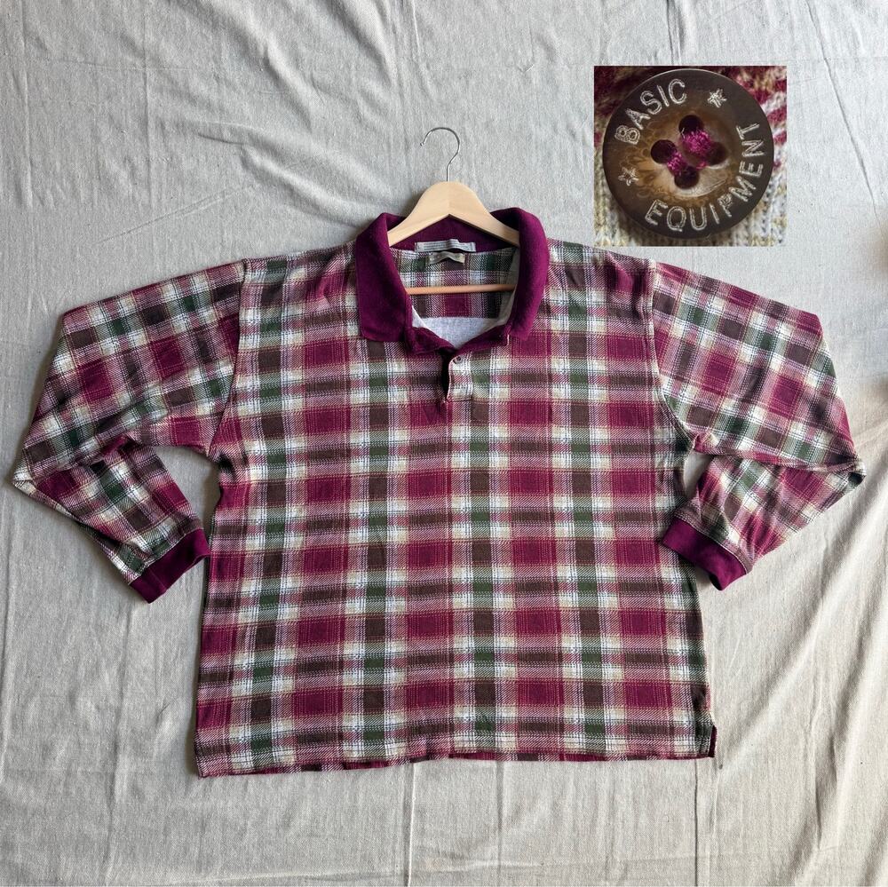 Vintage 90's Polo Shirt Men's L Rugby Style Long Sleeve Plaid Basic Equipment